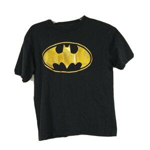Batman T-Shirt Boys Size L Black with Yellow/Gold Logo Short Sleeve Crewneck
